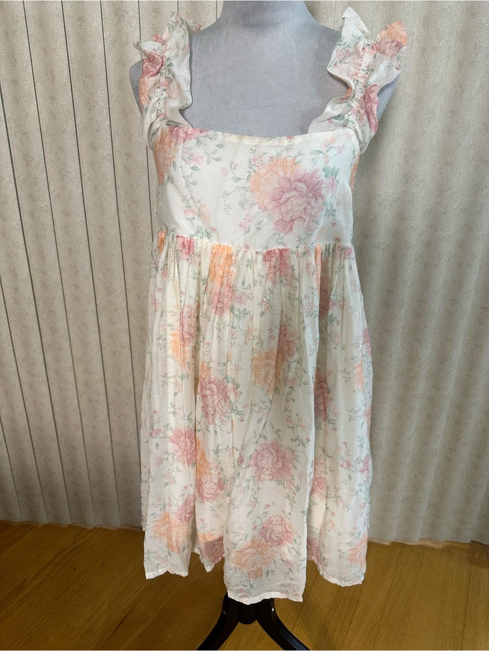 H&M Cream Floral Midi Dress with Pink & Green Print